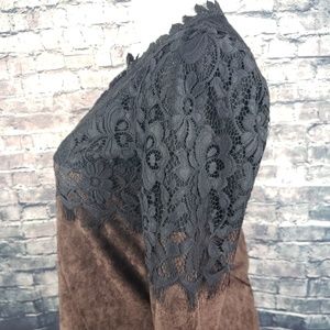 Hibiscus Pizza Tops - Faux Chocolate Leather and Black Lace Tunic, Large Hibiscus Pizza Tops - Faux Chocolate Leather and Black Lace Tunic, Large